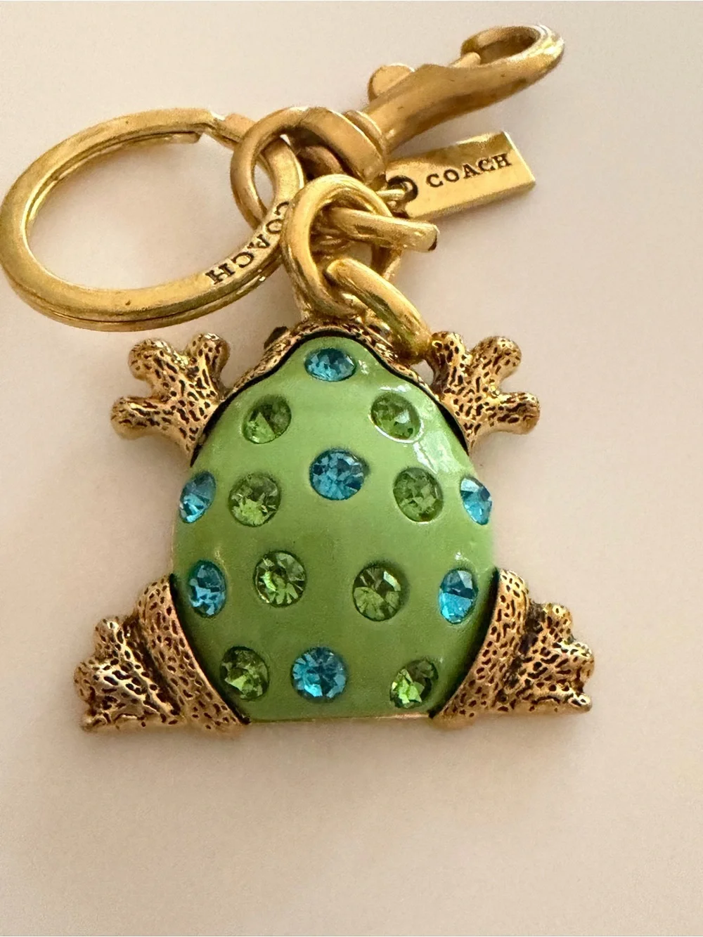 COACH Gold-Tone Green Frog Brooch with Blue and Green Crystals